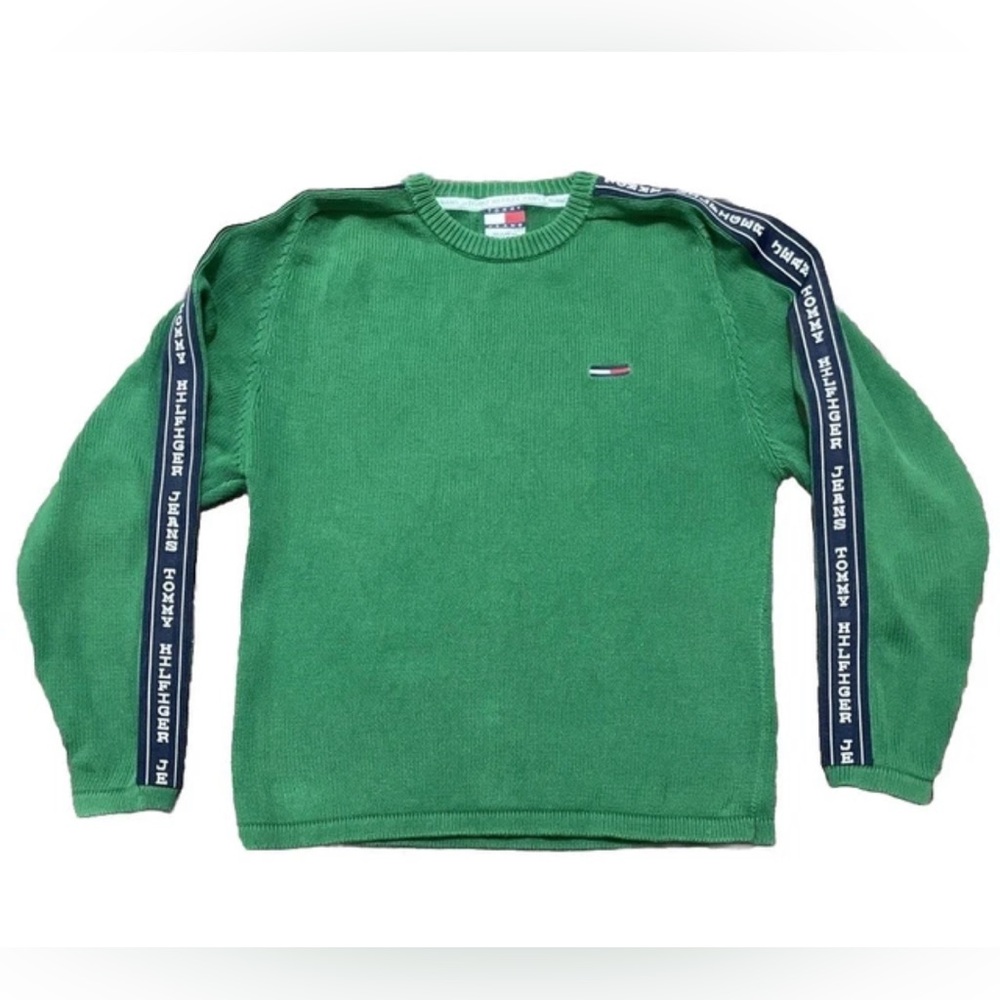 Vintage Tommy Hilfiger Mens Knit Sweater Green Crewneck Spellout Logo 90s Large